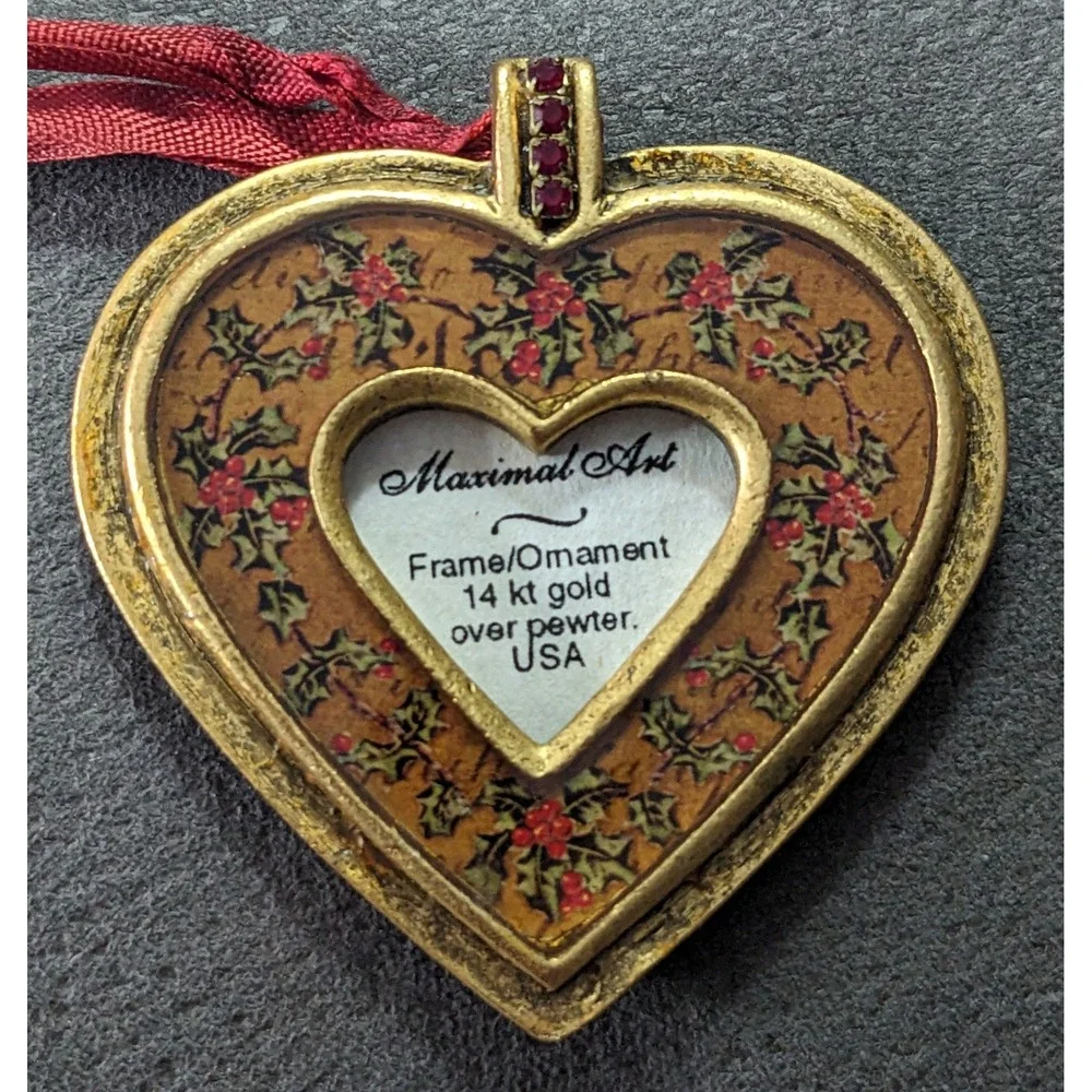 Vintage Maximal Art Heart Frame Ornament Gold Plated Pewter Handing Red Stones